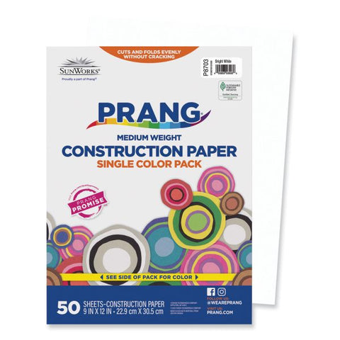 Prang SunWorks Construction Paper, 50 lb Text Weight, 9 x 12, Bright White, 50/Pack