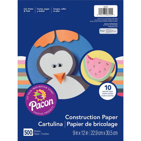 Pacon Rainbow Super Value Construction Paper Ream, 45 lb Text, 9 x 12, Assorted, 500/Pack