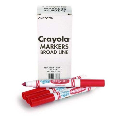 Crayola Broad Line Washable Markers, Broad Bullet Tip, Red, 12/Box