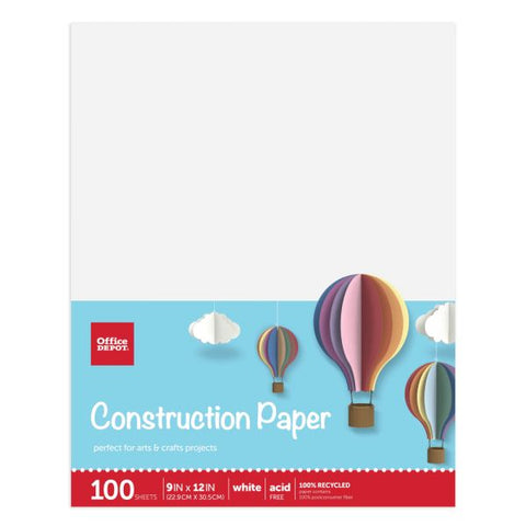Construction Paper, 9" x 12", 100% Recycled, White, Pack Of 100 Sheets