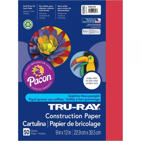Tru-Ray Construction Paper, 50% Recycled, 9" x 12", Holiday Red, Pack Of 50