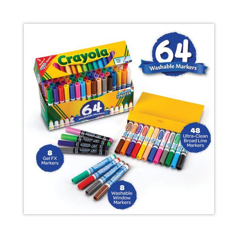 Crayola Broad Line Washable Markers, 48 Broad Bullet Tip/8 Gel/8 Window, Assorted Colors, 64/Set