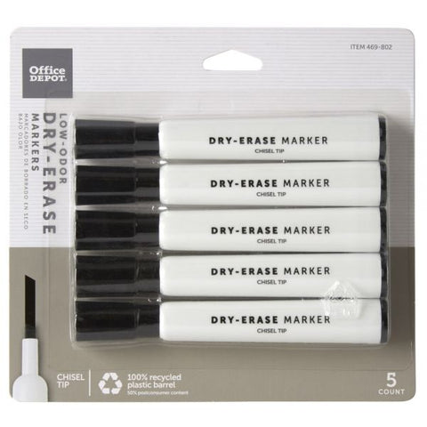 Low-Odor Dry-Erase Markers, Chisel Point, 100% Recycled Plastic Barrel, Black, Pack Of 5