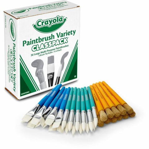 Crayola Large Variety Paint Brush Classpack, Natural; Nylon Bristles, Flat; Round Profiles, 36/Set