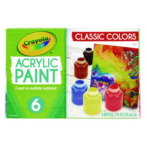 Crayola Acrylic Paint Set, Six Assorted Classic Colors, 2 oz Bottles, 6/Box