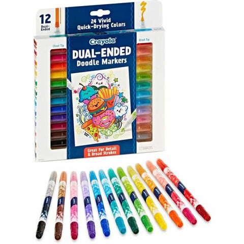 Crayola Doodle & Draw Dual-Ended Doodle Markers, Brush Tip/Chisel Tip, White Barrel, Assorted Ink Colors, Pack Of 12 Markers