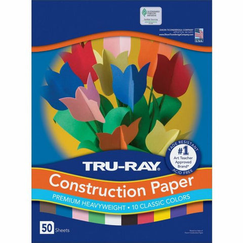 Tru-Ray Construction Paper, 50% Recycled, Assorted Colors, 12" x 18", Pack Of 50