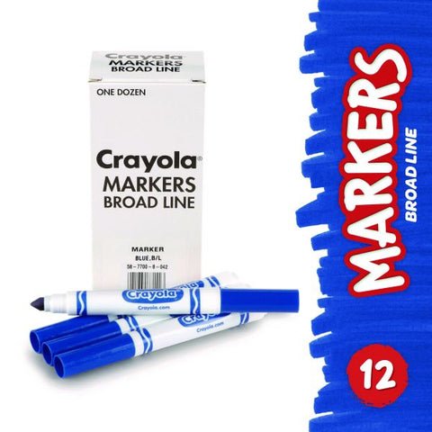 Crayola Broad Line Washable Markers, Broad Bullet Tip, Blue, 12/Box