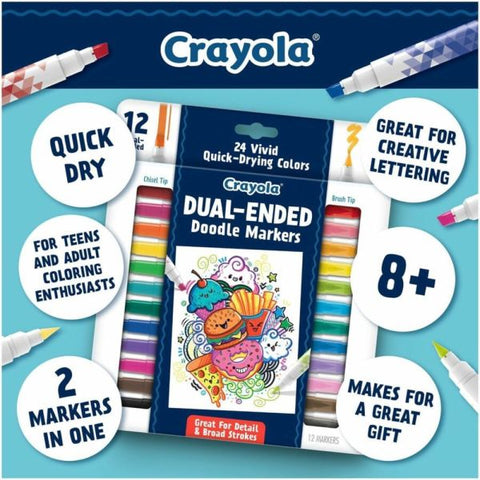 Crayola Doodle & Draw Dual-Ended Doodle Markers, Brush Tip/Chisel Tip, White Barrel, Assorted Ink Colors, Pack Of 12 Markers