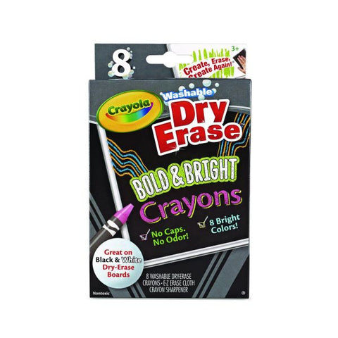 Crayola Washable Dry Erase Crayons w/E-Z Erase Cloth, Assorted Bright Colors, 8/Box