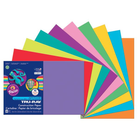 Tru-Ray Construction Paper, 50% Recycled, Assorted Colors, 12" x 18", Pack Of 50 Sheets