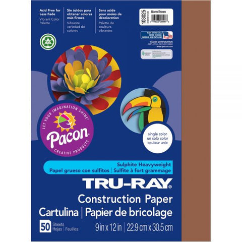 Tru-Ray Construction Paper, 50% Recycled, 9" x 12", Warm Brown, Pack Of 50