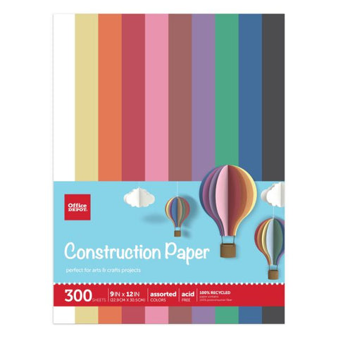 Construction Paper, 9" x 12", 100% Recycled, Assorted Colors, Pack Of 300 Sheets