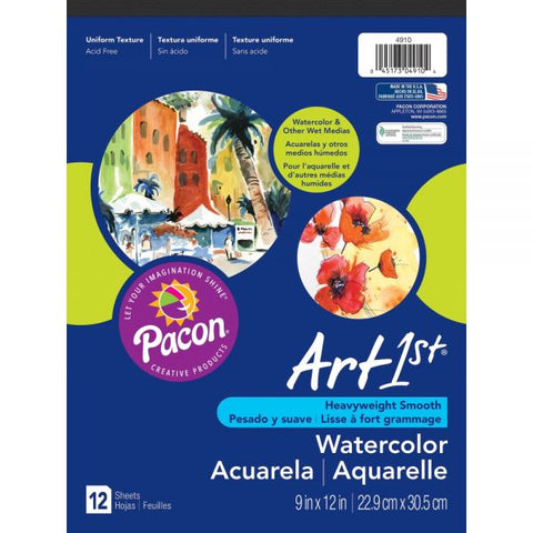 Pacon Artist Watercolor Paper Pad, Unruled, Yellow Cover, 12 White 9 x 12 Sheets