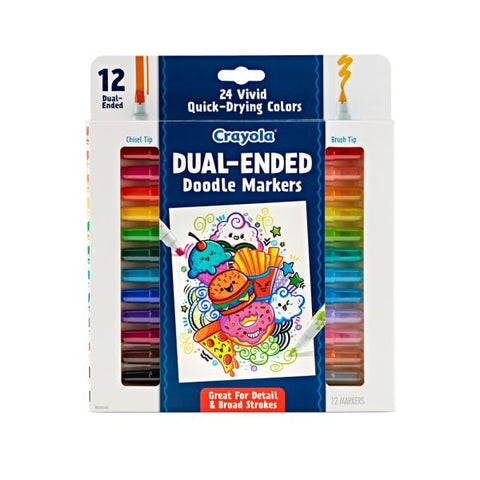 Crayola Doodle & Draw Dual-Ended Doodle Markers, Brush Tip/Chisel Tip, White Barrel, Assorted Ink Colors, Pack Of 12 Markers