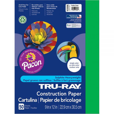 Tru-Ray Construction Paper, 50% Recycled, 9" x 12", Festive Green, Pack Of 50