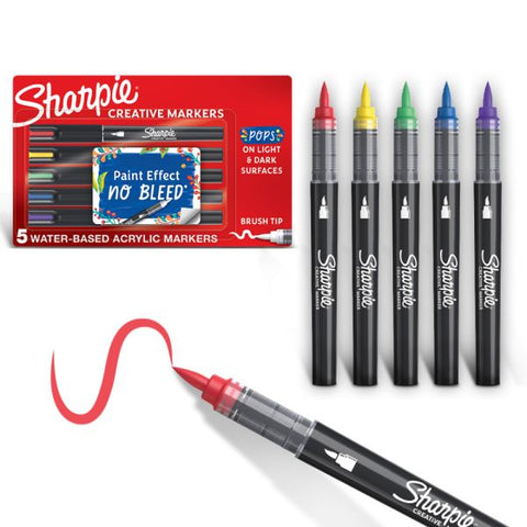 Sharpie Creative Water-Based Acrylic Markers, Brush Tip, Assorted Colors, Pack Of 5 Markers