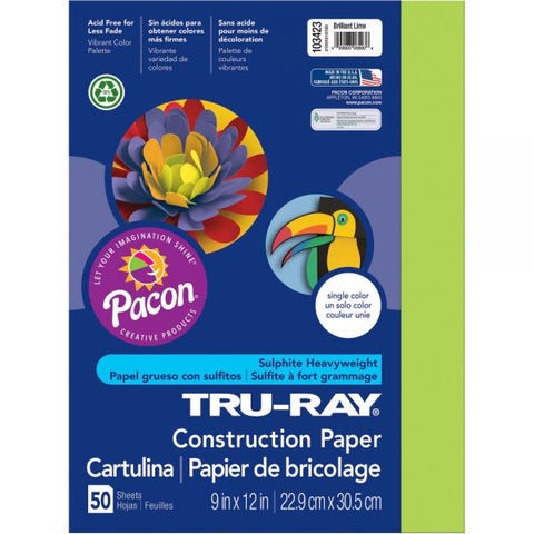 Tru-Ray Construction Paper, 50% Recycled, 9" x 12" Brilliant Lime, Pack Of 50