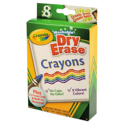 Crayola Washable Dry Erase Crayons w/E-Z Erase Cloth, Assorted Colors, 8/Pack