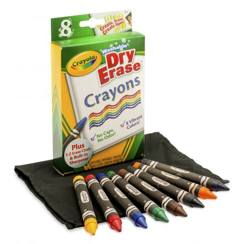 Crayola Washable Dry Erase Crayons w/E-Z Erase Cloth, Assorted Colors, 8/Pack