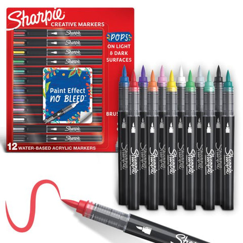 Sharpie Creative Water-Based Acrylic Markers, Brush Tip, Assorted Colors, Pack Of 12 Markers