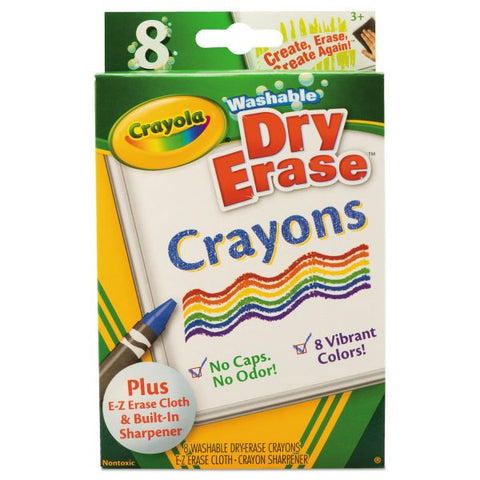 Crayola Washable Dry Erase Crayons w/E-Z Erase Cloth, Assorted Colors, 8/Pack