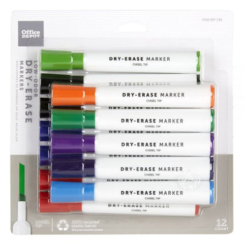 Low-Odor Dry-Erase Markers, Chisel Point, 100% Recycled Plastic Barrel, Assorted Colors, Pack Of 12