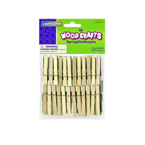 Creativity Street Wood Spring Clothespins, 3.38" Length, Natural, 50/Pack