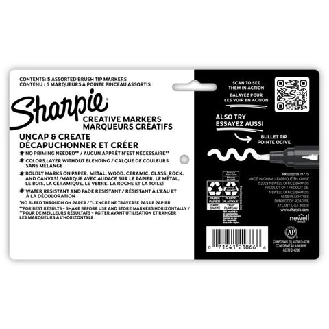 Sharpie Creative Water-Based Acrylic Markers, Brush Tip, Assorted Colors, Pack Of 5 Markers