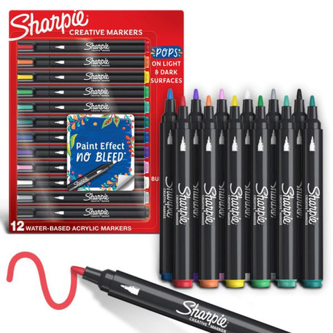 Sharpie Creative Water-Based Acrylic Markers, Bullet Tip, Assorted Colors, Pack Of 12 Markers