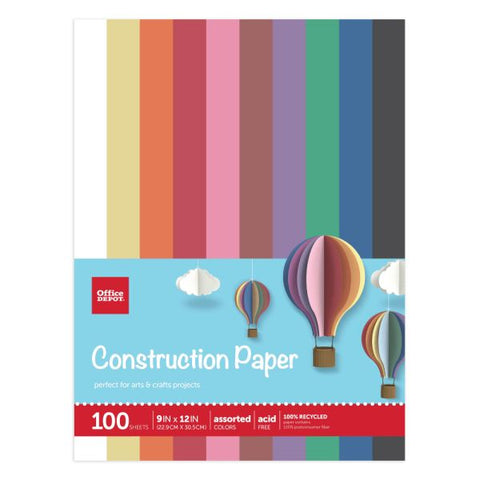 Construction Paper, 9" x 12", 100% Recycled, Assorted Colors, Pack Of 100 Sheets