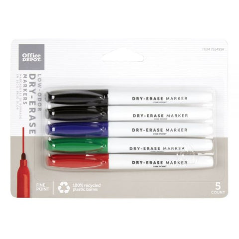 Low-Odor Pen-Style Dry-Erase Markers, Fine Point, 100% Recycled Plastic Barrel, Assorted Colors, Pack Of 5