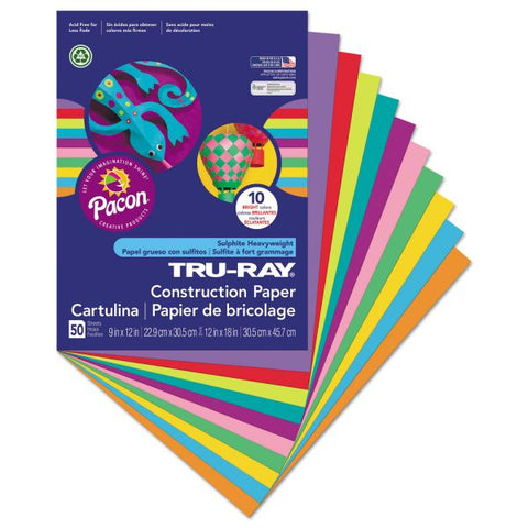 Tru-Ray Construction Paper, 50% Recycled, 9" x 12", Assorted Brights, Pack Of 50