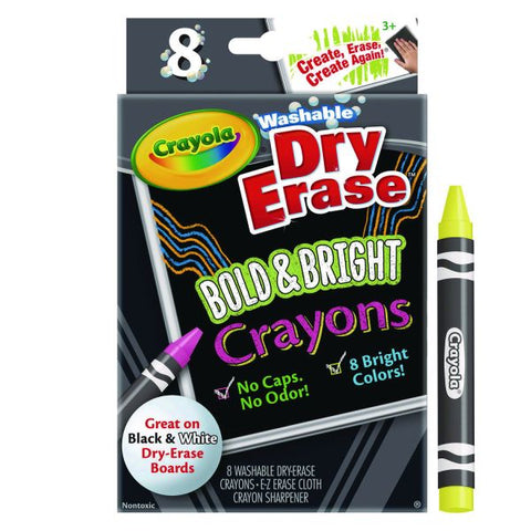 Crayola Washable Dry Erase Crayons w/E-Z Erase Cloth, Assorted Bright Colors, 8/Box