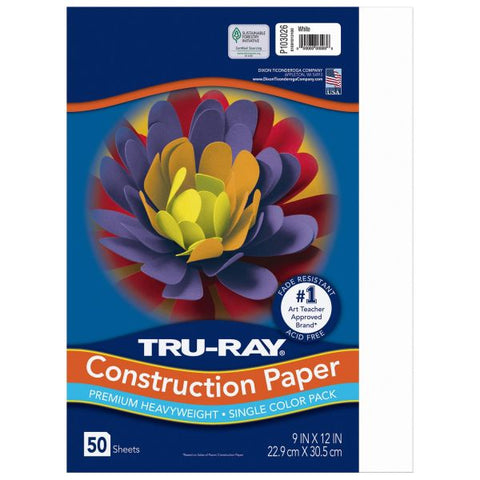 Pacon Tru-Ray Construction Paper, 76 lb Text Weight, 9 x 12, White, 50 Sheets/Pack, 50 Packs/Carton