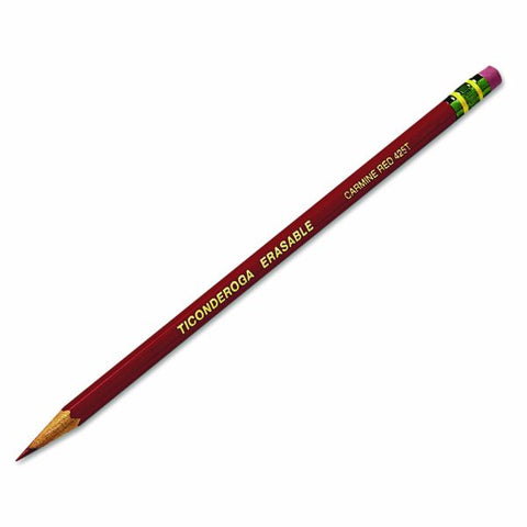 Ticonderoga Erasable Colored Pencils, 2.6 mm, 2B, Carmine Red Lead, Carmine Red Barrel, 12/Pack