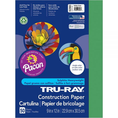 Tru-Ray Construction Paper, 50% Recycled, 9" x 12", Holiday Green, Pack Of 50