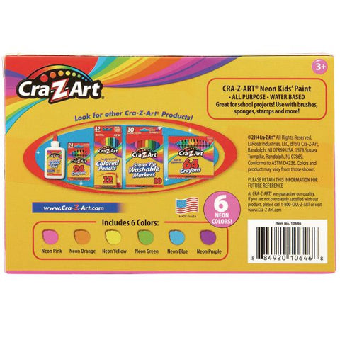 Cra-Z-Art Neon Washable Kids' Paint, 6 Assorted Neon Colors, 2 oz Bottle, 6/Pack