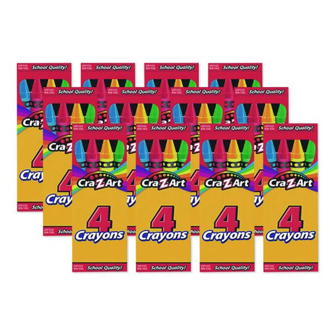 Cra-Z-Art Crayons, 4 Assorted Colors, 4/Box, 12 Boxes/Pack