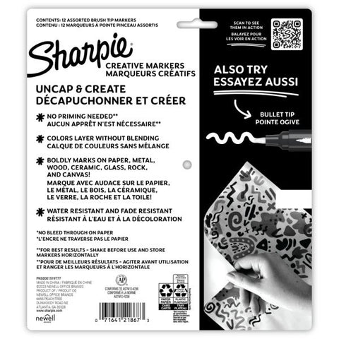 Sharpie Creative Water-Based Acrylic Markers, Brush Tip, Assorted Colors, Pack Of 12 Markers