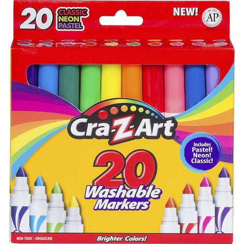 Cra-Z-Art Washable Markers, Broad Bullet Tip, Assorted Classic/Neon/Pastel Colors, 20/Set