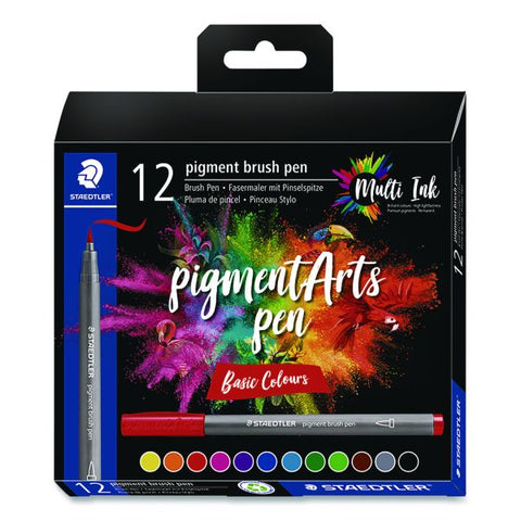 Staedtler Pigment Brush Pen Set, Medium-Firm, Assorted Basic Colors, 12/Pack