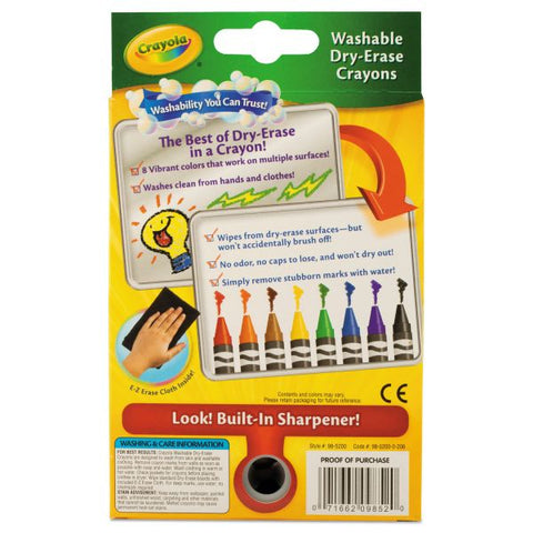 Crayola Washable Dry Erase Crayons w/E-Z Erase Cloth, Assorted Colors, 8/Pack