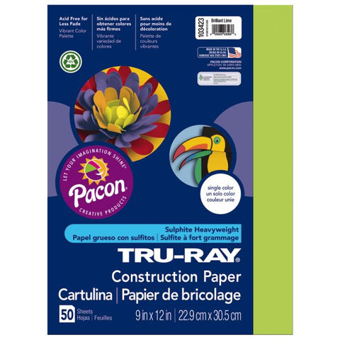 Tru-Ray Construction Paper, 50% Recycled, 9" x 12" Brilliant Lime, Pack Of 50