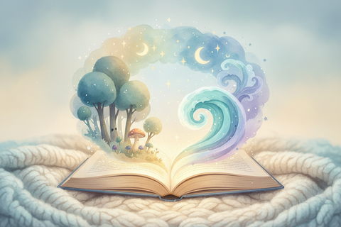 A warm, inviting children’s storybook scene with an open book resting on a cozy surface. Soft golden light glows from the pages as gentle illustrated worlds rise subtly from the book — a forest, stars in the sky, and ocean waves blending together in a dreamy, magical way. No characters or faces. Whimsical, hand-painted illustration style with soft watercolor textures, pastel colors, and a calm bedtime feel. Clean background, centered composition, friendly and timeless, designed as a product hero image.