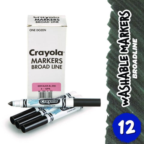 Crayola Broad Line Washable Markers, Broad Bullet Tip, Black, 12/Box