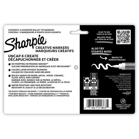 Sharpie Creative Water-Based Acrylic Markers, Bullet Tip, Assorted Colors, Pack Of 5 Markers