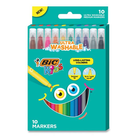 BIC Kids Ultra Washable Markers, Medium Bullet Tip, Assorted Colors, 10/Pack