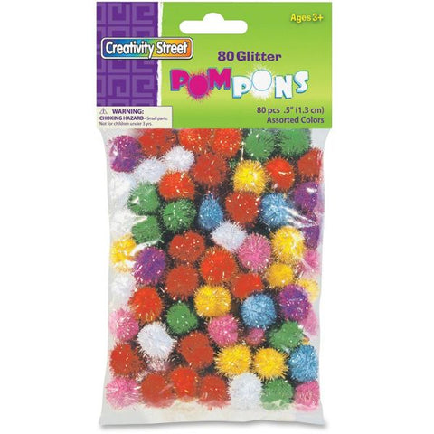 Chenille Kraft Creativity Street Glitter Pompons, 1/2", Assorted Colors, Pack Of 80