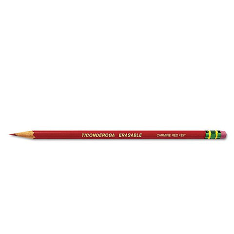 Ticonderoga Erasable Colored Pencils, 2.6 mm, 2B, Carmine Red Lead, Carmine Red Barrel, 12/Pack